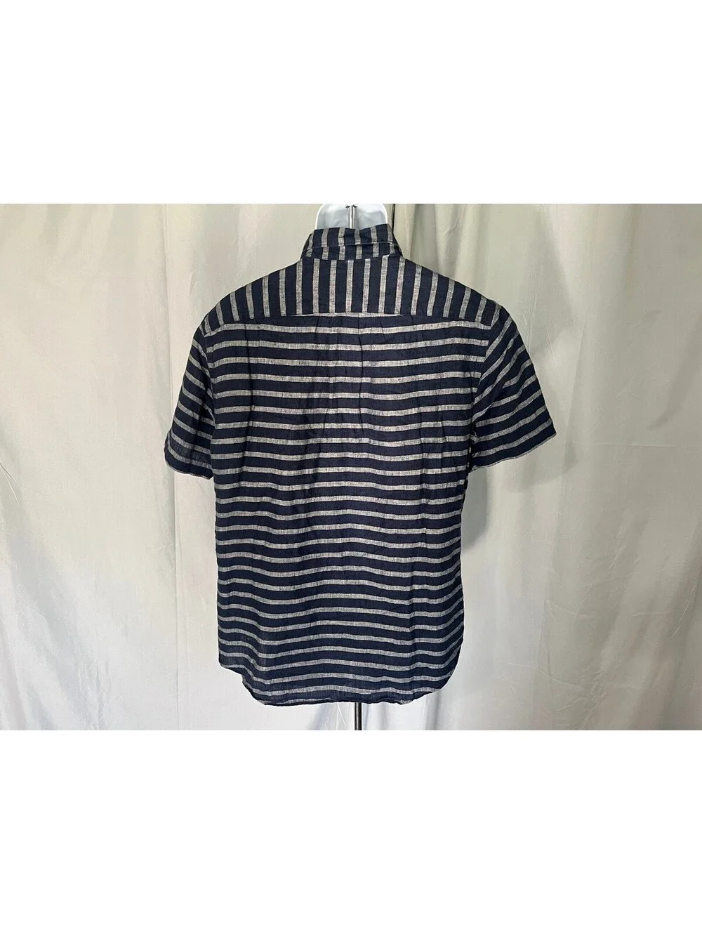 J. Crew Men's Navy Blue Gray Striped Short Sleeve 100% Linen Shirt Medium M